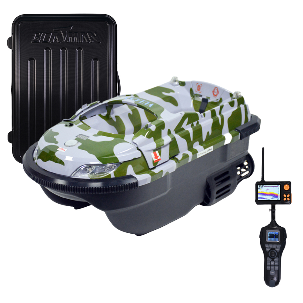 Łódka zanętowa Boatman Vulcan Pro Camo z Echosondą SN4 i walizką transportową